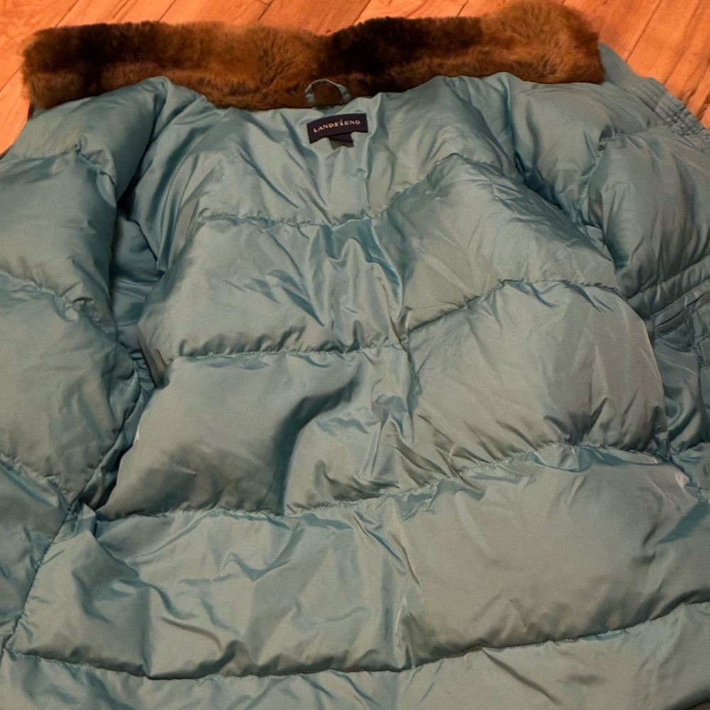 Lands' End Blue Puffer Jacket with Brown Faux Fur